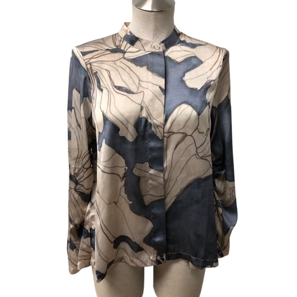 Reiss Gigi Floral Shirt Womens 0 Blue Abstract Satin Cutout Back Blouse